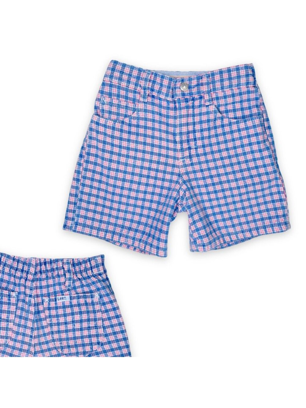 Vintage Lee Girls Pink Blue Plaid Elastic Waist Shorts Bottoms 5 - 6